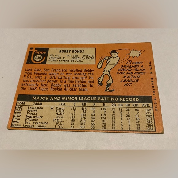Bobby Bonds RC Rookie 1969 Topps Baseball Card Vintage Collectible # 630 - Picture 2 of 3
